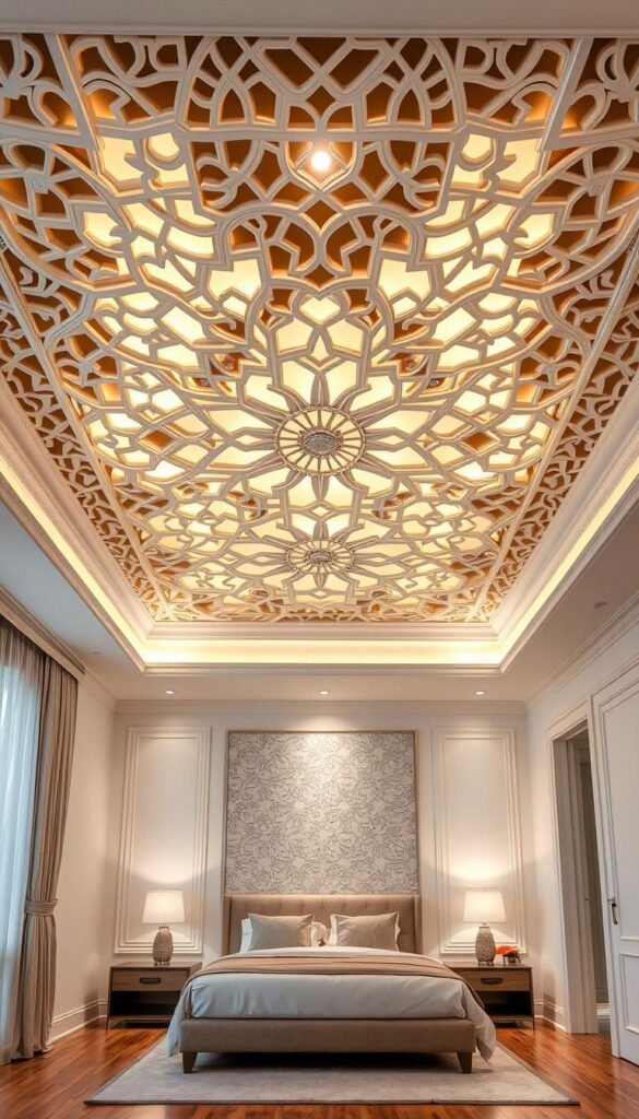 a highly detailed, high-resolution image of an elegant fretwork ceiling design in a modern bedroom setting. the fretwork pattern is intricate and delicate, with a harmonious, symmetrical arrangement of geometric shapes and lines. the ceiling is illuminated by soft, warm lighting from recessed fixtures, creating a cozy and inviting atmosphere. the room features clean, minimalist decor with light-colored walls and hardwood floors, allowing the ornate ceiling to be the focal point. the overall effect is one of sophisticated, timeless style that would complement a modern, high-end bedroom.