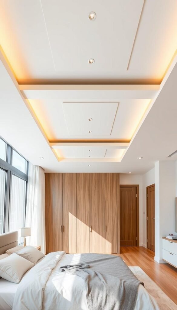 a modern false ceiling installation with recessed lighting, sleek white panels, and minimalist geometric patterns, showcased in a well-lit, airy bedroom with natural wooden floors and neutral-toned walls, creating a harmonious, contemporary ambiance