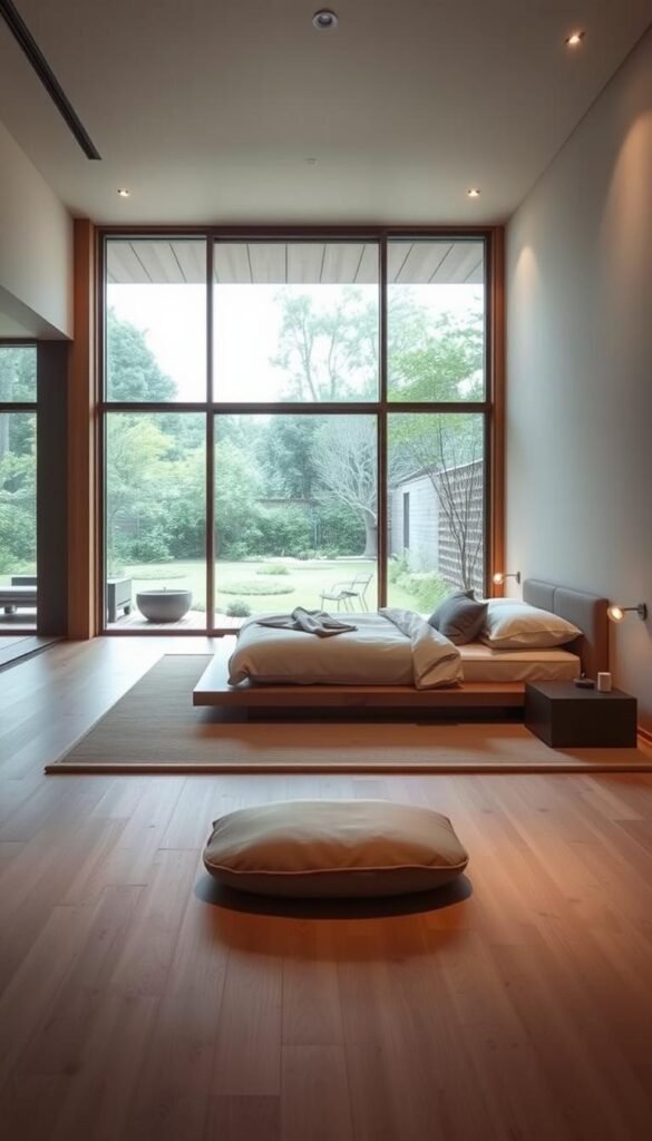 an intentionally designed, minimalist zen bedroom with a low platform bed, soft lighting, and natural materials like wood and stone. the room has a calming, meditative atmosphere, with large windows overlooking a serene garden landscape. the furniture is carefully arranged to create a sense of balance and flow, with a meditation cushion and simple side table in the foreground. soft, diffused lighting emanates from hidden fixtures, casting a warm, soothing glow throughout the space. the overall impression is one of simplicity, tranquility, and thoughtful design.