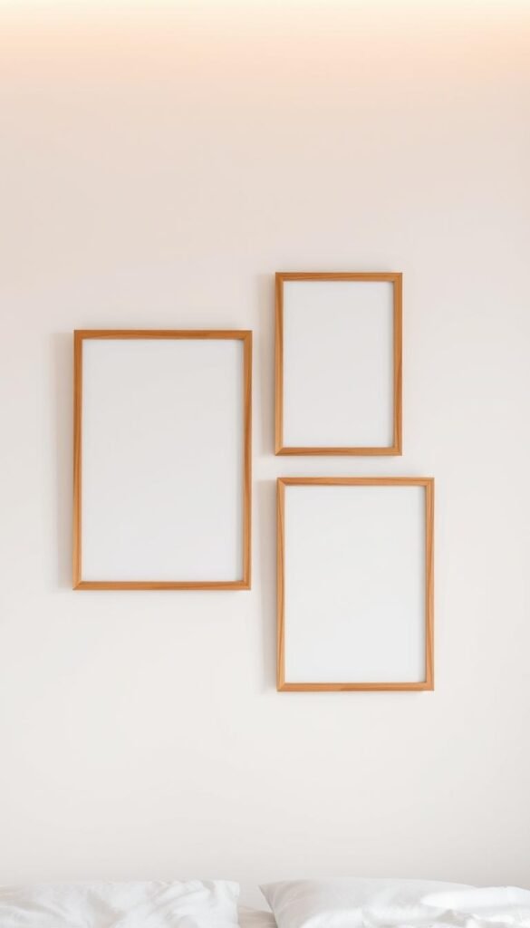 A beautifully curated wall arrangement with three asymmetric rectangular frames, adhering to the two-thirds rule for perfect proportion. The frames are made of natural wood with a sleek, minimalist design, arranged in a visually striking diagonal pattern against a soft, neutral-toned backdrop. Warm, diffused lighting from above casts subtle shadows, accentuating the depth and texture of the frames. The overall composition exudes a sense of balance, elegance, and thoughtful curation, making it an ideal focal point for a bedroom's decor.