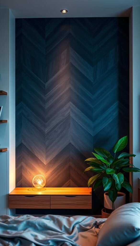 A beautifully designed accent wall in a cozy, inviting bedroom. The wall features a striking geometric pattern in shades of deep blue and charcoal, creating a captivating focal point. Soft, diffused lighting casts a warm glow, highlighting the textural elements and creating an elegant, sophisticated atmosphere. The wall is flanked by minimalist wooden shelves displaying carefully curated decor, while a lush, verdant plant adds a touch of natural elegance. The overall scene exudes a sense of tranquility and refined style, perfectly complementing the serene, neutral-toned bedroom.