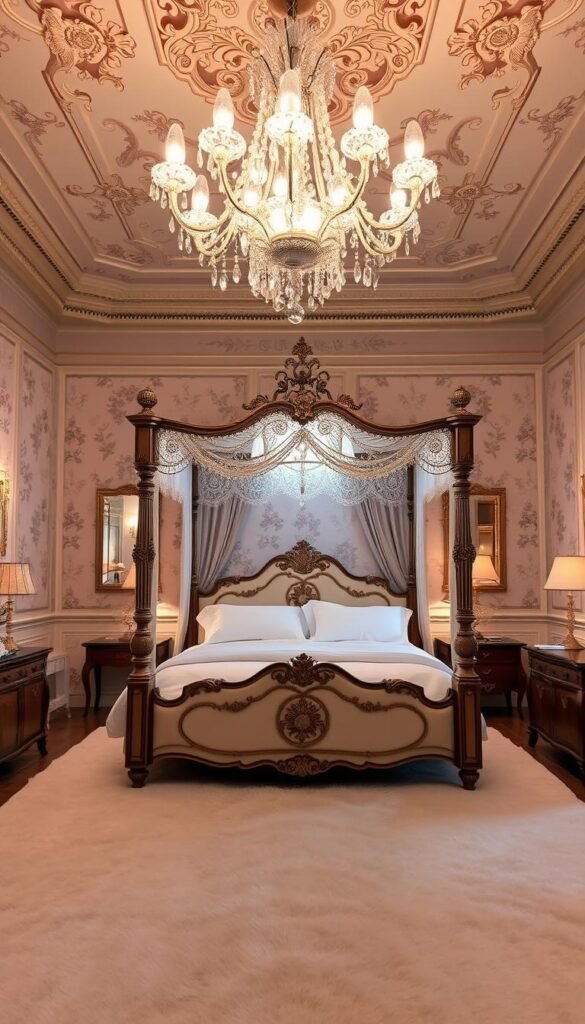 A beautifully lit, elegant French bedroom with a stunning crystal chandelier suspended from the high, ornate ceiling. Soft, ambient lighting emanates from the chandelier, casting a warm, romantic glow throughout the space. The walls are adorned with delicate, floral wallpaper, and the floor is covered in a plush, ivory-colored rug. In the center of the room, a luxurious, four-poster bed is dressed in crisp, white linens and adorned with intricate, lace detailing. Antique, wooden furniture and ornate, gilded accents add to the overall sense of refined sophistication. The room exudes an air of timeless, Parisian glamour, perfectly complementing the "French Bedroom Aesthetic" theme.