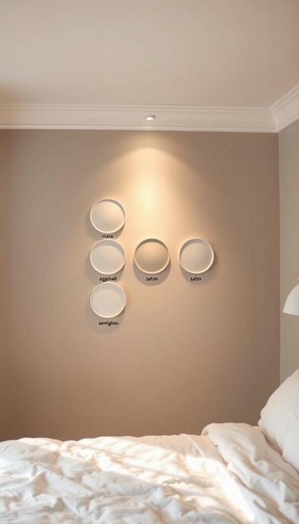 A bedroom wall displaying a variety of paint sheen options, including matte, eggshell, satin, and semi-gloss finishes. The wall is illuminated by soft, diffused lighting, creating a warm and inviting atmosphere. The paint samples are organized neatly, allowing the viewer to compare the different levels of sheen and their impact on the overall appearance of the room. The background is a neutral, minimalist setting, focusing the attention on the paint samples and their visual properties. The image conveys a sense of calmness and sophistication, reflecting the cozy and serene nature of the bedroom.
