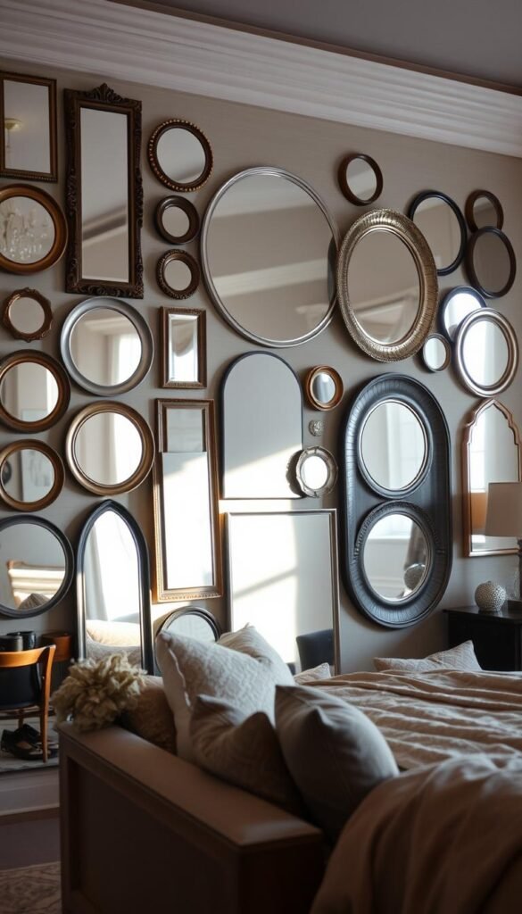 A bedroom with a strategically placed mirror wall, capturing the light and creating the illusion of depth. In the foreground, a collection of mirrors in various shapes and sizes, artfully arranged to enhance the room's visual interest. In the middle ground, a cozy seating area, with plush textiles and warm lighting, inviting the viewer to pause and admire the reflections. The background features a neutral-toned wall, allowing the mirrors to take center stage and create a sense of grandeur. The overall mood is one of sophistication and relaxation, with a subtle play of light and shadow enhancing the visual experience. A bedroom with a strategically placed mirror wall, capturing the light and creating the illusion of depth. In the foreground, a collection of mirrors in various shapes and sizes, artfully arranged to enhance the room's visual interest. In the middle ground, a cozy seating area, with plush textiles and warm lighting, inviting the viewer to pause and admire the reflections. The background features a neutral-toned wall, allowing the mirrors to take center stage and create a sense of grandeur. The overall mood is one of sophistication and relaxation, with a subtle play of light and shadow enhancing the visual experience.