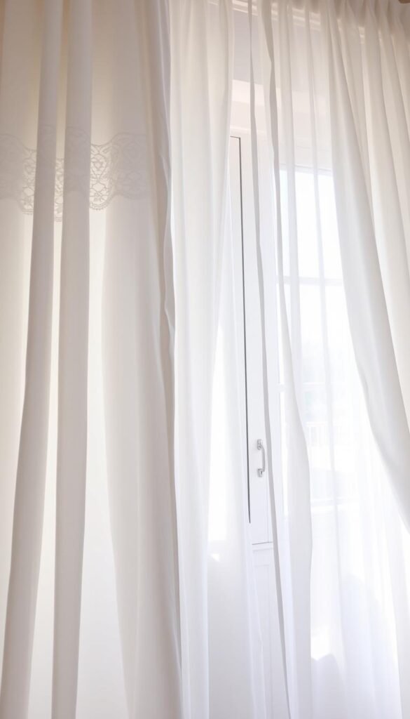 A bright, airy bedroom scene showcasing a variety of delicate white curtain styles. In the foreground, billowing lace curtains frame a cozy window. In the middle, crisp, tailored panels accentuate the graceful architecture. In the background, sheer organza curtains gently flutter in the soft, natural light, casting a serene, ethereal ambiance. The curtains are meticulously detailed, capturing the textures and subtle nuances of each style. The scene is photographed from a low angle, emphasizing the height and elegance of the curtains. The overall mood is one of tranquility, sophistication, and a touch of timeless romance.