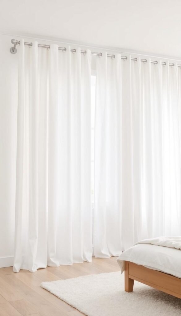 A bright, airy bedroom setting with crisp, pristine white curtains hung from a sleek, modern curtain rod. The curtains are displayed in a grid layout, showcasing a range of subtle textures and fabrics - sheer linen, plush velvet, and crisp cotton - at varying price points. Soft, diffused natural light filters through the curtains, highlighting their drape and quality. The room features a minimalist, Scandinavian-inspired design with white walls, a plush area rug, and a simple wooden bed frame. The overall atmosphere exudes a sense of tranquility and sophisticated style, inviting the viewer to imagine the perfect balance of budget and quality for their own bedroom curtains.