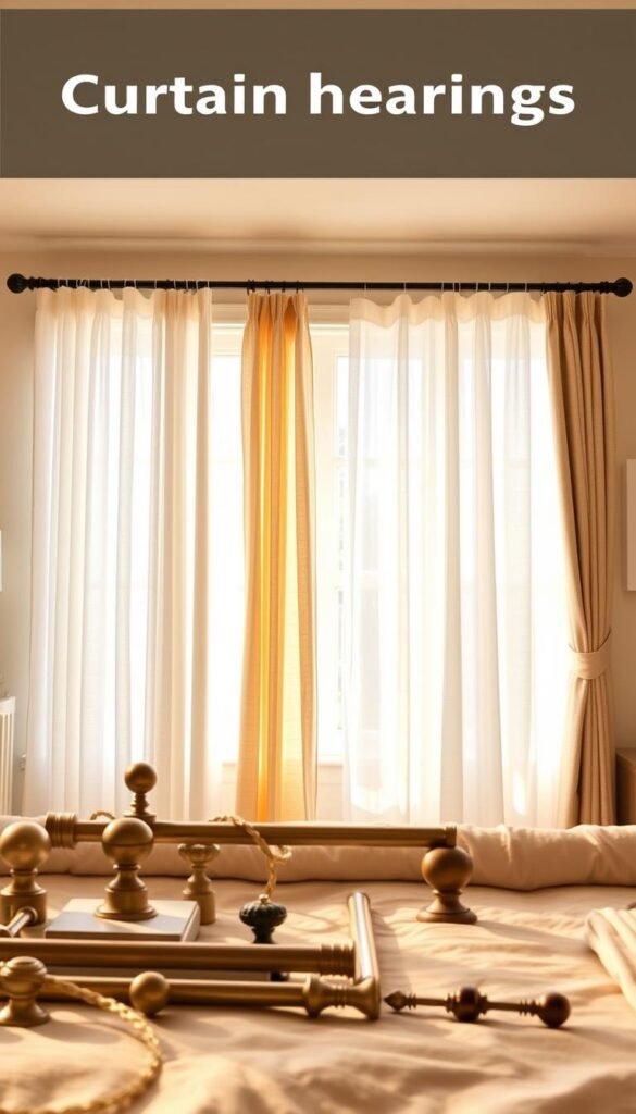 A bright, airy bedroom with a large window, showcasing an array of curtain heading styles. In the foreground, an assortment of curtain rods, finials, and tiebacks are displayed, allowing a direct comparison of different curtain heading options. The middle ground features several curtain panels in varying fabrics and textures, including sheer, linen, and velvet, each with a distinct heading style, such as grommet, pinch pleat, and tab top. The background is a softly lit, neutral-toned wall, creating a calming and inviting atmosphere. The lighting is warm and natural, emphasizing the textures and details of the curtain materials. The camera angle provides a comprehensive view, allowing the viewer to assess the visual impact and suitability of each curtain heading style for a bedroom setting.