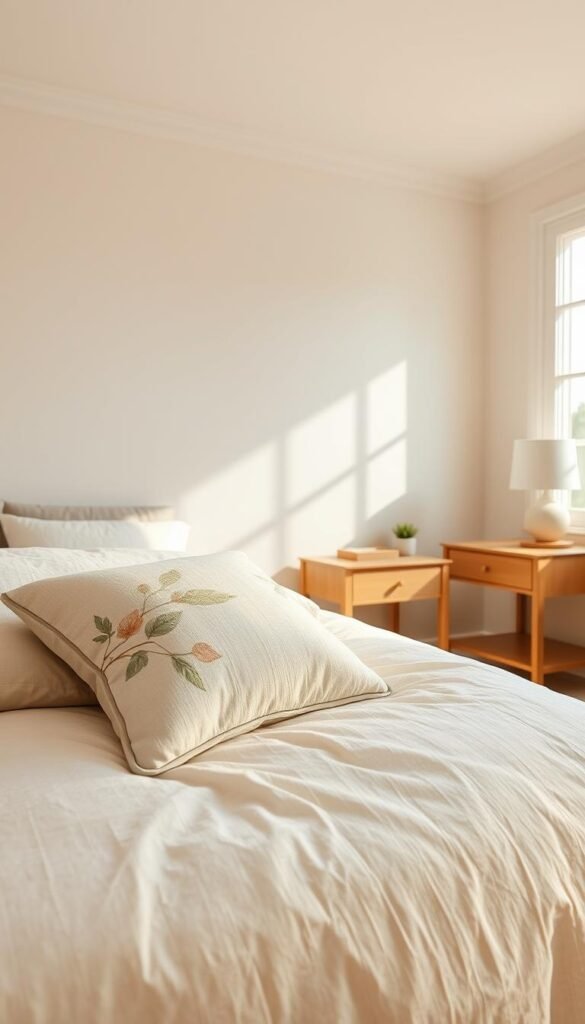 A bright, airy bedroom with a neutral color palette. The foreground showcases a lush, textured duvet in a soft cream hue, complemented by a delicate floral pattern throw pillow in muted earth tones. In the middle ground, a pair of bedside tables in a warm beige wood tone, each adorned with a minimalist table lamp casting a gentle glow. The background features a large window, allowing natural light to flood the space and highlighting the subtle variations in the cream-colored walls. The overall atmosphere is calming and inviting, with a touch of natural elegance.