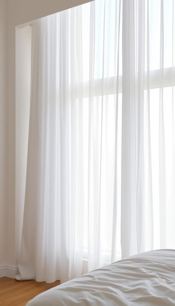 A bright, airy bedroom with large windows framed by elegant white curtains that softly diffuse the natural light. The curtains are made of a lightweight, sheer fabric that gently billow in the breeze, creating a serene and calming atmosphere. The curtain rod is sleek and minimalist, blending seamlessly with the room's overall aesthetic. Soft, even lighting filters through the curtains, casting a warm, inviting glow that enhances the bright, clean lines of the space. The curtains are carefully positioned to maximize the flow of natural light, creating a sense of openness and airiness that is both visually striking and practically functional. A bright, airy bedroom with large windows framed by elegant white curtains that softly diffuse the natural light. The curtains are made of a lightweight, sheer fabric that gently billow in the breeze, creating a serene and calming atmosphere. The curtain rod is sleek and minimalist, blending seamlessly with the room's overall aesthetic. Soft, even lighting filters through the curtains, casting a warm, inviting glow that enhances the bright, clean lines of the space. The curtains are carefully positioned to maximize the flow of natural light, creating a sense of openness and airiness that is both visually striking and practically functional.