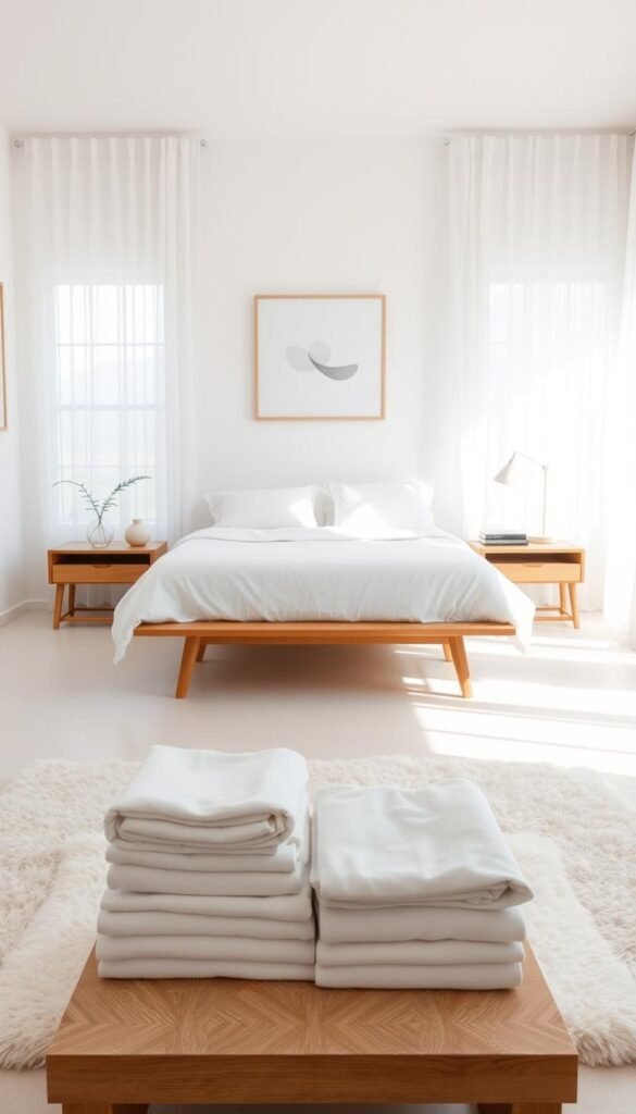 A bright, airy bedroom with minimalist decor. The floor is clear, showcasing a plush white rug. In the foreground, neatly folded linens and garments are arranged on a low wooden bench. The bed, with crisp white bedding, takes center stage, bathed in soft, natural lighting filtering through sheer curtains. On the nightstands, a few carefully selected decorative items, such as a small plant and a hardcover book, create a sense of balance. The walls are adorned with simple, abstract artwork, complementing the clean, uncluttered aesthetic. An overall atmosphere of tranquility and order pervades the space, inviting a peaceful, rejuvenating retreat.