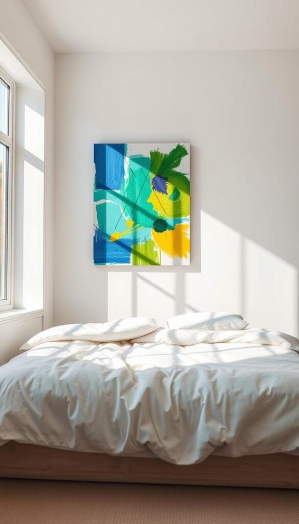 A bright, airy bedroom with soft white walls and plush bedding. On the wall, an abstract art piece in vibrant hues of blue, green, and yellow, perfectly complementing the room's neutral color scheme. The artwork's dynamic brushstrokes and geometric shapes create a sense of energy and movement, while the carefully selected color palette ties it seamlessly to the bedroom's decor. Warm natural light streams in through large windows, casting a gentle glow on the scene. The overall atmosphere is one of harmony, where the art and the space work in perfect synergy, creating a visually captivating and soothing environment.