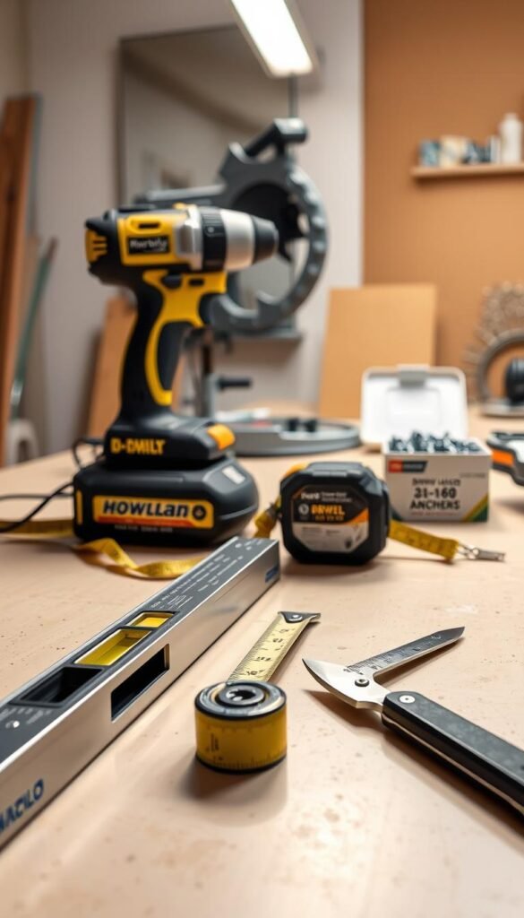 A bright, well-lit workshop table showcases a meticulously arranged set of mirror installation tools. In the foreground, a sleek level, a sturdy tape measure, and a sharp utility knife gleam under the warm, diffused lighting. In the middle ground, a cordless drill and a box of drywall anchors stand ready, their purpose clear. In the background, a miter saw and a selection of nails and screws suggest the attention to detail required for a professional, safe mirror installation. The overall atmosphere conveys a sense of precision, efficiency, and the expertise needed to complete this task with confidence. A bright, well-lit workshop table showcases a meticulously arranged set of mirror installation tools. In the foreground, a sleek level, a sturdy tape measure, and a sharp utility knife gleam under the warm, diffused lighting. In the middle ground, a cordless drill and a box of drywall anchors stand ready, their purpose clear. In the background, a miter saw and a selection of nails and screws suggest the attention to detail required for a professional, safe mirror installation. The overall atmosphere conveys a sense of precision, efficiency, and the expertise needed to complete this task with confidence.