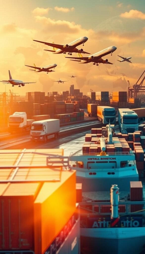 A bustling global shipping scene with various delivery options. In the foreground, a cargo ship and freight containers in a busy port, illuminated by warm, golden sunlight. In the middle ground, planes, trucks, and trains in motion, symbolizing different modes of transportation. In the background, a world map or globe, emphasizing the international reach of the delivery services. The composition conveys a sense of efficiency, connectivity, and the seamless flow of goods across borders. The lighting and angles create a dynamic, cinematic feel, highlighting the scale and complexity of the global logistics system.