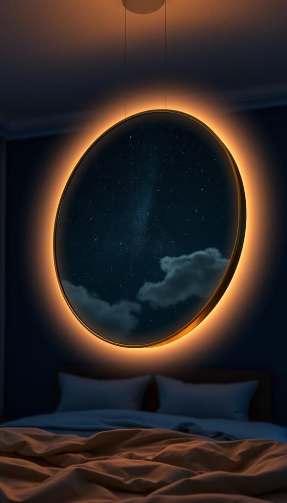 A captivating bedroom mirror levitating amidst a starry night sky, its surface reflecting the celestial wonder. The mirror's frame is a sleek, minimalist design in brushed brass, seamlessly blending with the room's modern decor. Soft, warm lighting emanates from within, casting a cozy glow that transforms the space. The mirror's edges are adorned with a faint ethereal aura, hinting at its mystical, space-enhancing properties. In the background, the bedroom is bathed in a serene, indigo hue, with wispy clouds drifting across the starry expanse. This visually striking mirror serves as a mesmerizing focal point, elevating the overall ambiance and aesthetic of the room.