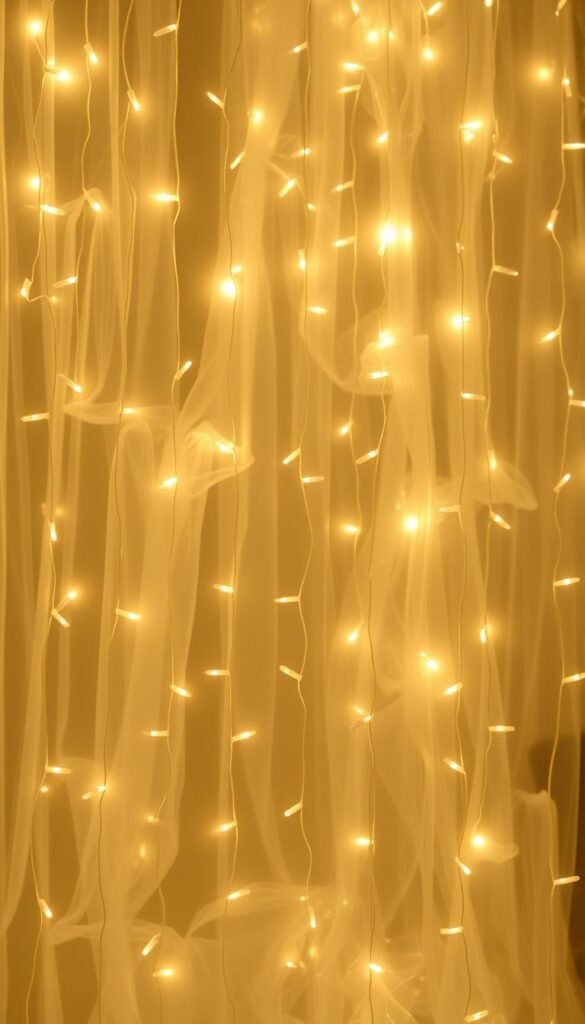 A captivating wall of luminous fairy lights, cascading gracefully against a backdrop of wispy, ethereal mist. Delicate, shimmering orbs of light float and dance, casting a warm, magical glow upon the scene. The lights seem to emanate from an unseen, enchanted source, creating an atmosphere of wonder and tranquility. Soft, diffused lighting illuminates the misty, translucent layers, adding depth and dimensionality to the composition. The overall effect is a mesmerizing, otherworldly vision that evokes a sense of enchantment and mysticism, perfect for a dreamy, fairy-inspired bedroom setting.