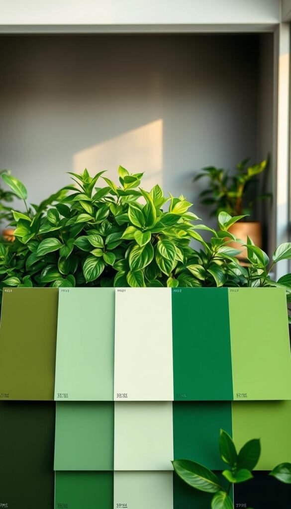 A carefully curated collection of lush, verdant shades of green hues, displayed as a visually captivating palette. The foreground showcases an array of paint swatches, meticulously arranged to highlight the nuanced differences between earthy olive, vibrant emerald, and muted sage tones. The middle ground features plush, leafy botanicals, their vibrant foliage casting a warm, natural glow. In the background, a serene, minimalist interior setting, with muted gray walls and clean, wooden accents, providing a crisp, modern contrast to the vibrant greens. Soft, diffused lighting bathes the entire scene, creating a harmonious, soothing atmosphere that evokes a sense of tranquility and connection to the natural world. A carefully curated collection of lush, verdant shades of green hues, displayed as a visually captivating palette. The foreground showcases an array of paint swatches, meticulously arranged to highlight the nuanced differences between earthy olive, vibrant emerald, and muted sage tones. The middle ground features plush, leafy botanicals, their vibrant foliage casting a warm, natural glow. In the background, a serene, minimalist interior setting, with muted gray walls and clean, wooden accents, providing a crisp, modern contrast to the vibrant greens. Soft, diffused lighting bathes the entire scene, creating a harmonious, soothing atmosphere that evokes a sense of tranquility and connection to the natural world.