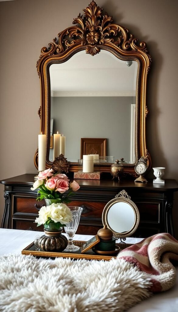 A classic dresser vignette with a beautifully ornate antique mirror as the focal point. The mirror is positioned above a dark wood dresser, casting a warm glow across the scene. In the foreground, arrange an elegant array of decorative objects - a vase of fresh flowers, a candle, and a few treasured trinkets. The middle ground features plush textiles, perhaps a patterned rug or throw, adding depth and texture. The background is softly lit, creating a cozy, intimate atmosphere. Use a wide-angle lens to capture the full vignette, with gentle shadows and highlights that enhance the timeless, romantic aesthetic.