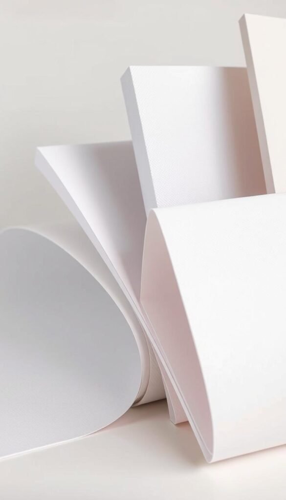 A close-up view of a variety of high-quality art print materials, including thick cotton rag paper, fine matte canvas, and lush metallic photo paper. The materials are arranged in a clean, minimalist still life composition, with soft, even lighting creating a sense of depth and texture. The materials are shown in their natural state, without any visible branding or packaging, to highlight the intrinsic quality and craftsmanship. The overall mood is one of refined elegance and attention to detail, conveying the premium nature of the materials.