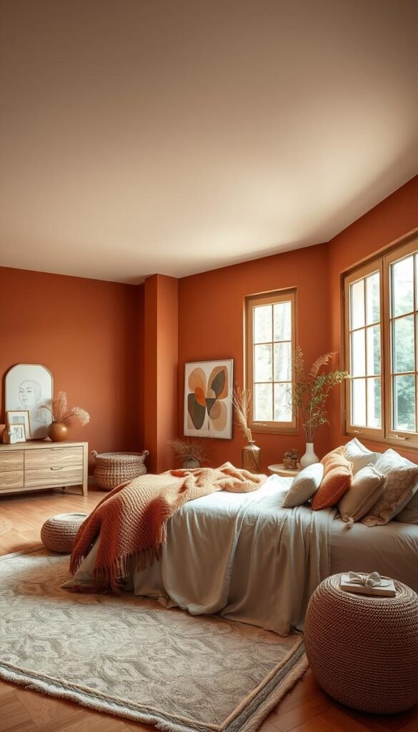 A color-harmonious room design with a serene, inviting atmosphere. A warm, earthy palette of muted ochres, terracottas, and soft greens covers the walls, complemented by natural wood tones in the furniture. Soft, diffused lighting creates a cozy, intimate ambiance, while large windows allow natural light to gently filter in. Plush textiles in complementary hues add depth and texture, while carefully curated art and decor pieces ground the space in a cohesive, visually appealing aesthetic. The overall effect is a tranquil, harmonious environment that sets the stage for a relaxing and rejuvenating bedroom experience.