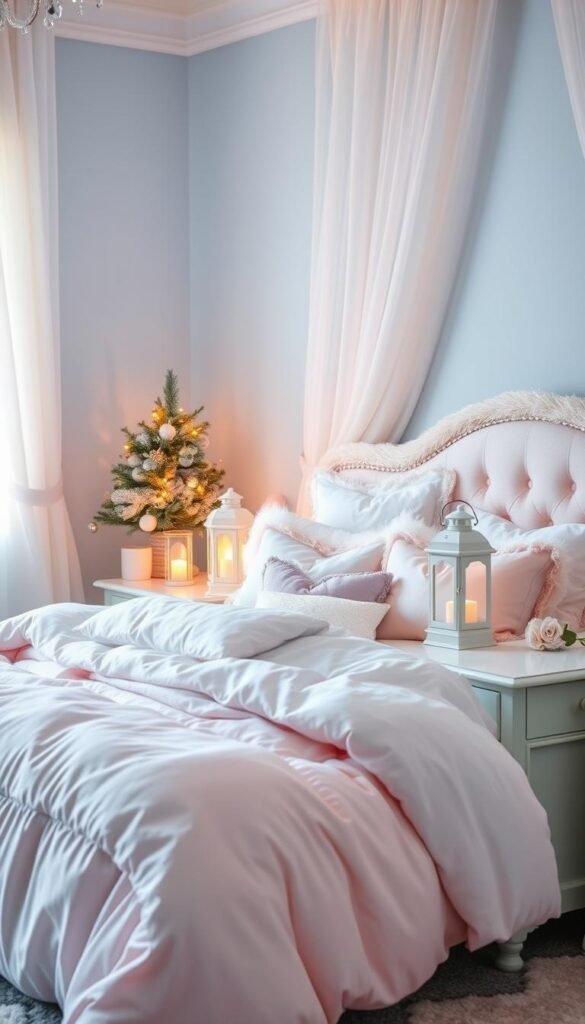 A cozy Christmas bedroom drenched in a soft, pastel color palette. The foreground features a plush, inviting bed draped in delicate pink and lavender linens, accented with a fluffy white comforter and an array of pastel throw pillows. The middle ground showcases a pair of satin-finished nightstands in a subtle mint green, each adorned with a glowing, soft-white lantern. In the background, the walls are painted in a soft, barely-there blue, complemented by wispy, cloud-like curtains in a pale, baby-blue hue. The lighting is warm and diffused, creating a serene, tranquil atmosphere, as if bathed in the gentle glow of the winter sun. The overall effect is one of calm, cozy elegance - a peaceful, pastel-toned oasis perfect for a magical Christmas retreat.