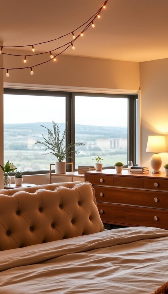 A cozy and cohesive Bloxburg-style bedroom, bathed in soft, warm lighting. In the foreground, a plush, tufted headboard in a neutral tone anchors the serene scene. Delicate string lights hang overhead, casting a gentle glow. On the nightstands, a pair of minimalist lamps illuminate decorative plants and personal trinkets. The middle ground features a streamlined, wooden dresser accented with metallic hardware. In the background, a large window overlooks a tranquil landscape, allowing natural daylight to filter in and complement the inviting atmosphere. The overall aesthetic is one of understated elegance, balanced by natural textures and a harmonious color palette. A cozy and cohesive Bloxburg-style bedroom, bathed in soft, warm lighting. In the foreground, a plush, tufted headboard in a neutral tone anchors the serene scene. Delicate string lights hang overhead, casting a gentle glow. On the nightstands, a pair of minimalist lamps illuminate decorative plants and personal trinkets. The middle ground features a streamlined, wooden dresser accented with metallic hardware. In the background, a large window overlooks a tranquil landscape, allowing natural daylight to filter in and complement the inviting atmosphere. The overall aesthetic is one of understated elegance, balanced by natural textures and a harmonious color palette.
