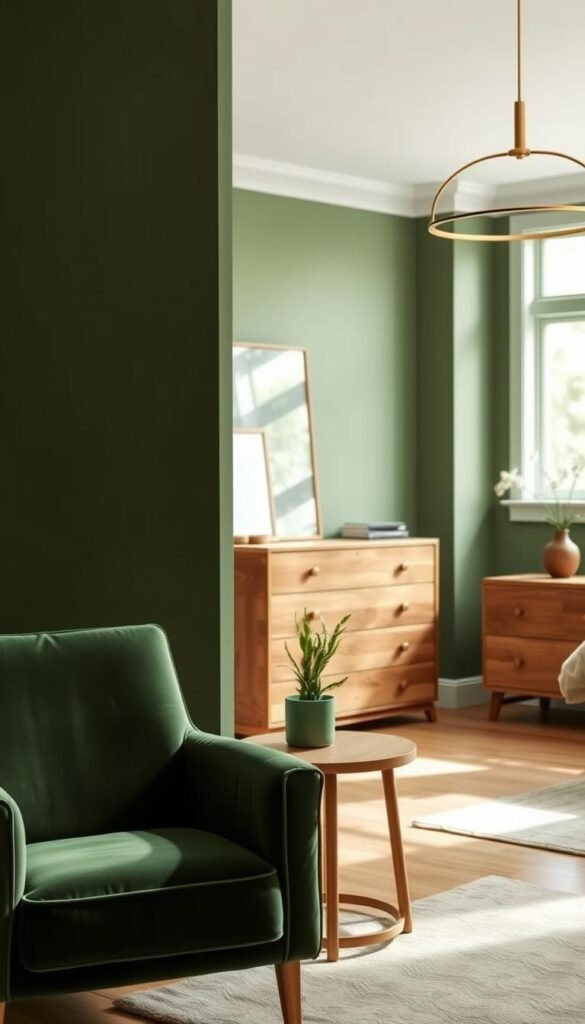 A cozy and harmonious green bedroom showcasing elegant furniture in a natural, earthy palette. In the foreground, a plush, deep green velvet armchair invites relaxation, accented by a sleek wooden side table with a potted plant. In the middle ground, a wooden dresser with minimalist brass hardware stands against a backdrop of soft, muted green walls. Overhead, a modern brass pendant light casts a warm, ambient glow, complementing the overall tranquil and serene atmosphere. The room is illuminated by natural light filtering in through large windows, creating a calming, nature-inspired ambiance. A cozy and harmonious green bedroom showcasing elegant furniture in a natural, earthy palette. In the foreground, a plush, deep green velvet armchair invites relaxation, accented by a sleek wooden side table with a potted plant. In the middle ground, a wooden dresser with minimalist brass hardware stands against a backdrop of soft, muted green walls. Overhead, a modern brass pendant light casts a warm, ambient glow, complementing the overall tranquil and serene atmosphere. The room is illuminated by natural light filtering in through large windows, creating a calming, nature-inspired ambiance.