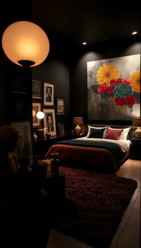 A cozy and intimate bedroom space, with a striking contrast of dark, moody walls and an eclectic array of artistic decor. In the foreground, a collection of framed artwork, sculptures, and sculptural lighting fixtures cast dramatic shadows and highlights across the room. In the middle ground, a plush, textured rug and complementary bedding create a warm, inviting atmosphere. The background features a large, statement-making piece of abstract wall art, its bold colors and textures drawing the eye deeper into the space. Soft, diffused lighting from hidden sources bathes the scene in a warm, gentle glow, heightening the sense of moody sophistication. The overall effect is one of a highly personalized, visually compelling retreat, where art and decor come together to cultivate a modern, evocative aesthetic. A cozy and intimate bedroom space, with a striking contrast of dark, moody walls and an eclectic array of artistic decor. In the foreground, a collection of framed artwork, sculptures, and sculptural lighting fixtures cast dramatic shadows and highlights across the room. In the middle ground, a plush, textured rug and complementary bedding create a warm, inviting atmosphere. The background features a large, statement-making piece of abstract wall art, its bold colors and textures drawing the eye deeper into the space. Soft, diffused lighting from hidden sources bathes the scene in a warm, gentle glow, heightening the sense of moody sophistication. The overall effect is one of a highly personalized, visually compelling retreat, where art and decor come together to cultivate a modern, evocative aesthetic.
