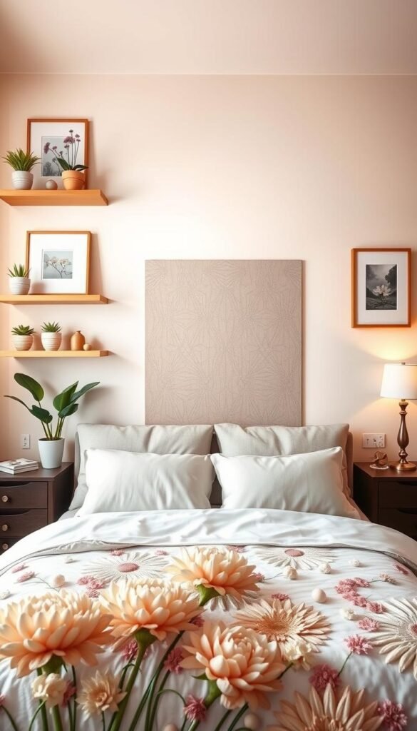 A cozy and inviting bedroom adorned with a variety of peel and stick wall decor. In the foreground, a focal point of textured floral wall stickers in soft pastel hues, framed by minimalist floating shelves displaying potted plants and framed artwork. In the middle ground, a soothing neutral-toned accent wall with a geometric patterned wallpaper accent, complementing the sleek, contemporary furniture pieces. The background bathes in warm, diffused lighting, creating a serene and tranquil atmosphere, perfect for a relaxing and aesthetically pleasing bedroom retreat.