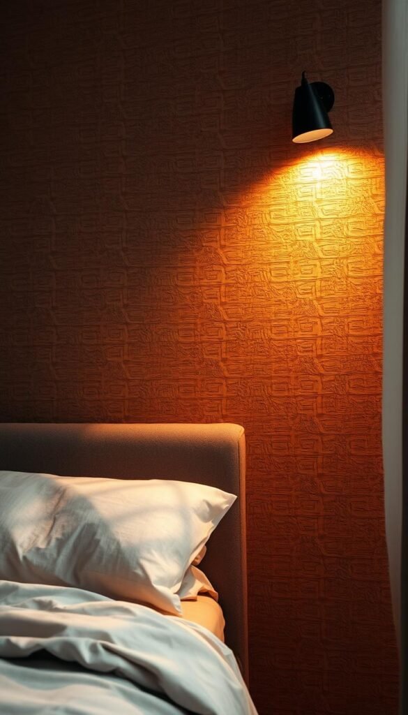 A cozy and inviting bedroom feature wall, bathed in warm, soft lighting that creates a soothing, calming atmosphere. The wall is adorned with a captivating textured wallpaper pattern, evoking a sense of depth and visual interest. The lighting, strategically placed, casts gentle shadows that add depth and dimension to the space, drawing the eye towards the focal point of the feature wall. The overall composition emanates a sense of serenity and tranquility, inviting the viewer to imagine themselves relaxing in this serene sanctuary.