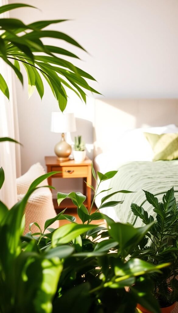 A cozy and inviting bedroom scene, bathed in warm, natural lighting. In the foreground, an assortment of lush green houseplants, their leaves gently swaying. Tasteful green accent pieces dot the room, from a plush throw pillow to a decorative ceramic vase. In the middle ground, a wooden nightstand holds a small potted succulent and a simple, elegant lamp. The background features a neutral-toned bed, its crisp white linens complemented by a vibrant green quilt. Overall, the scene exudes a sense of tranquility and harmony, capturing the essence of a nature-inspired bedroom aesthetic. A cozy and inviting bedroom scene, bathed in warm, natural lighting. In the foreground, an assortment of lush green houseplants, their leaves gently swaying. Tasteful green accent pieces dot the room, from a plush throw pillow to a decorative ceramic vase. In the middle ground, a wooden nightstand holds a small potted succulent and a simple, elegant lamp. The background features a neutral-toned bed, its crisp white linens complemented by a vibrant green quilt. Overall, the scene exudes a sense of tranquility and harmony, capturing the essence of a nature-inspired bedroom aesthetic.