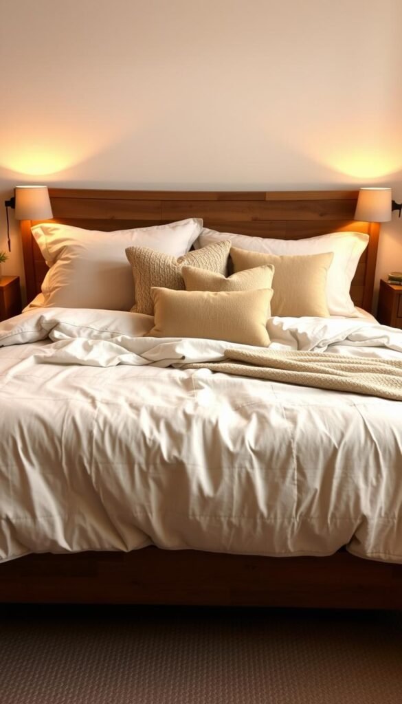 A cozy and inviting bedroom scene, featuring a plush king-size bed dressed in layers of neutral-toned bedding. The bed is layered with a beige linen duvet, a soft cream-colored quilt, and textured throw pillows in various shades of tan and oatmeal. Warm, ambient lighting from a pair of matching table lamps casts a gentle glow, creating a serene and relaxing atmosphere. The bed is positioned in the center of the frame, with a wooden headboard and minimal decor elements in the background, allowing the focus to remain on the elegant and harmonious bedding arrangement.