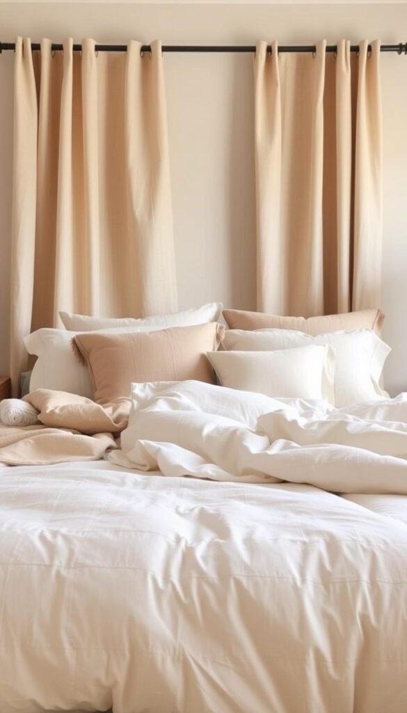 A cozy and inviting bedroom scene showcasing a coordinated bedding and textile selection. In the foreground, a plush, cream-colored duvet cover adorned with subtle textural patterns creates a soft and luxurious focal point. Complementing this, a beige throw blanket and matching decorative pillows are artfully arranged, adding depth and visual interest. In the middle ground, a pair of beige linen curtains frame the scene, their soft folds and natural hues echoing the overall color palette. The background features a neutral-toned wall, gently lit by a warm, diffused light that casts a soothing ambiance. The overall composition conveys a sense of tranquility and cohesive comfort, perfectly embodying the "Cream and Beige Bedroom Color Combo" theme.