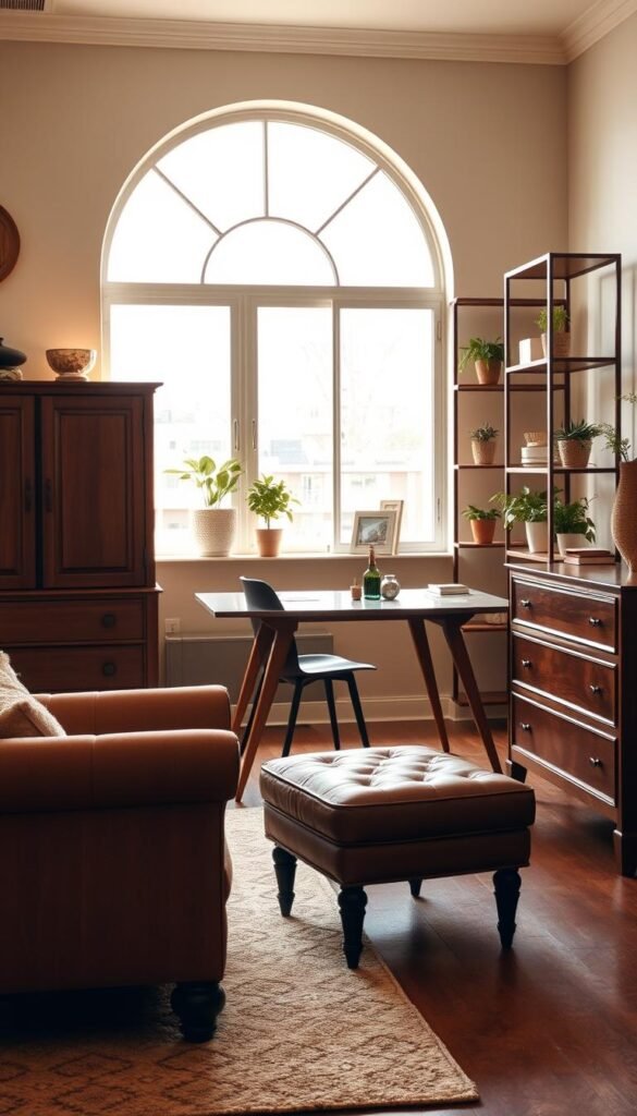 A cozy and inviting bedroom scene with a variety of functional, yet stylish, furniture pieces. In the foreground, a plush, tufted armchair and matching ottoman sit near a large, wooden dresser with intricate detailing. Behind them, a mid-century modern desk with slender, tapered legs and a sleek, glass top stands in front of a large, arched window, allowing natural light to flood the space. In the background, a low-profile, modular shelving unit displays decorative accents and potted plants, creating a sense of depth and visual interest. The overall lighting is warm and soft, casting a gentle glow and evoking a relaxed, chic atmosphere.