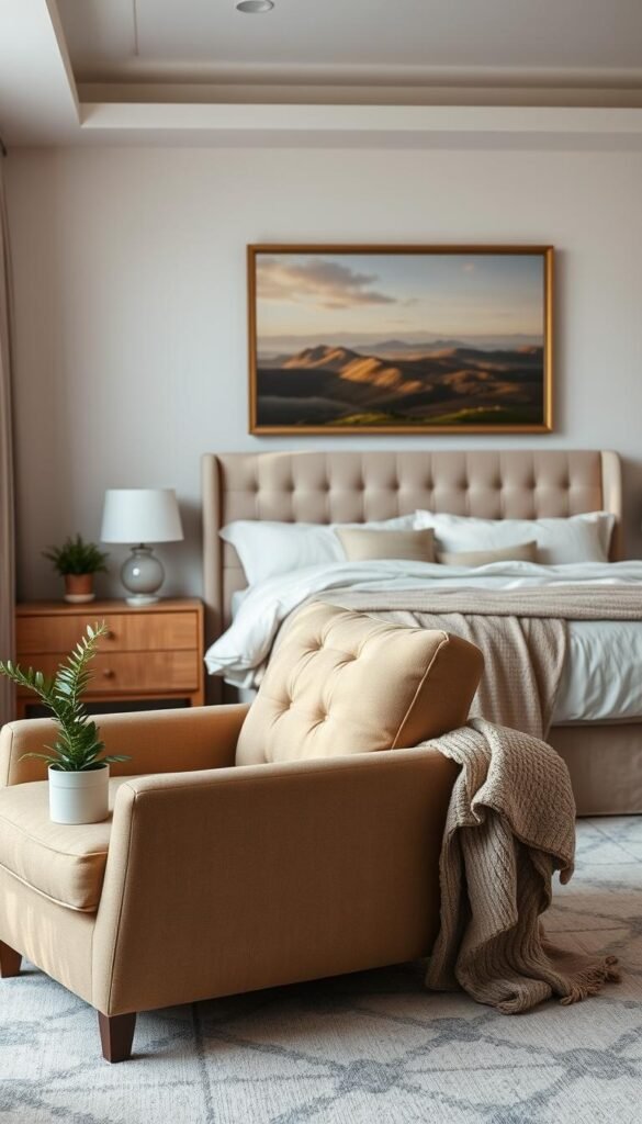 A cozy and inviting bedroom scene with soft, diffused lighting from a large window. In the foreground, a plush, oversized armchair upholstered in a muted earth-toned fabric sits adjacent to a low, wooden side table. On the table, a potted plant and a soft, knitted throw blanket create a sense of warmth and relaxation. In the middle ground, a king-sized bed with a tufted, linen headboard is draped in luxurious, high-quality bedding in a neutral palette. Behind the bed, a large, framed landscape painting hangs on the wall, adding depth and visual interest. The overall mood is one of tranquility and comfort, perfect for promoting a restful, rejuvenating retreat.