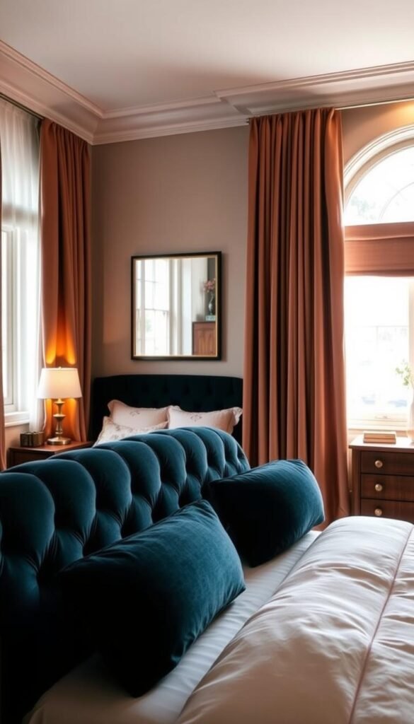 A cozy and inviting bedroom showcasing a harmonious blend of colors and textures. In the foreground, a plush, tufted headboard in a rich, jewel-toned velvet commands attention. Soft, flowing curtains in a complementary hue frame the large window, allowing natural light to filter in. Midground features a crisp, white bedspread adorned with delicate embroidery, contrasting with the deep, earthy tones of the wood nightstands and dresser. In the background, a calming, neutral-toned accent wall serves as a backdrop, accentuating the overall color palette. Warm, incandescent lighting casts a gentle glow, creating a serene and relaxing ambiance. The entire scene exudes a sense of sophisticated yet comfortable elegance, perfectly capturing the essence of an inspired bedroom color scheme.