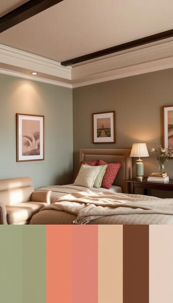 A cozy and inviting bedroom with a cohesive color palette featuring muted tones of sage green, soft beige, and accents of dusty rose. The room is bathed in warm, diffused lighting, creating a serene and relaxing atmosphere. The bed is adorned with plush, textured linens, and the walls are adorned with framed artwork that complements the color scheme. A stylish armchair and a wooden side table complete the layered, harmonious design.