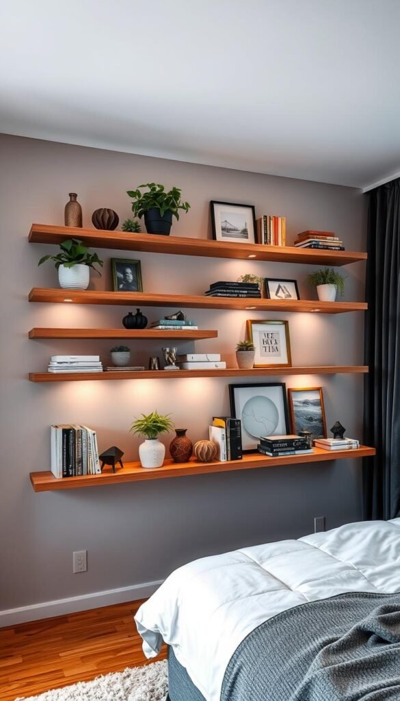 A cozy and inviting bedroom with a focal point of elegant floating shelves adorning the wall. The shelves are crafted from sleek, natural wood, artfully arranged to display an assortment of decorative items, from lush indoor plants and rustic ceramics to carefully curated books and framed artwork. The lighting is soft and warm, creating a serene ambiance, complemented by the neutral color palette of the room. The shelves are positioned at varying heights, adding depth and visual interest to the space. The overall aesthetic is one of refined simplicity, where the floating shelves seamlessly blend form and function, elevating the bedroom's decor and providing a perfect canvas for showcasing the owner's personal style.