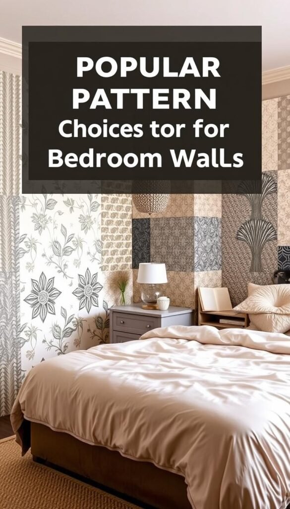 A cozy and inviting bedroom with a striking accent wall showcasing a variety of popular wallpaper patterns. In the foreground, the bed is dressed in soft, neutral bedding, allowing the patterned wall to take center stage. The middle ground features a minimalist nightstand and a reading nook, creating a balanced and harmonious composition. The background gently fades into a warm, ambient lighting, accentuating the textures and hues of the wallpapers. The overall scene conveys a sense of tranquility and style, perfectly capturing the essence of the "Popular Pattern Choices for Bedroom Walls" section.