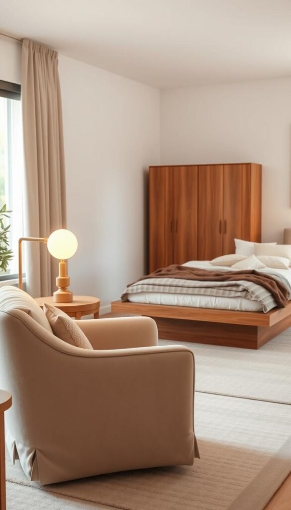 A cozy and inviting bedroom with a tastefully curated selection of furniture. In the foreground, a plush upholstered armchair with soft, flowing lines sits next to a wooden side table with a warm, natural finish. On the table, a delicate table lamp casts a gentle glow, creating a soothing ambiance. In the middle ground, a low-profile platform bed is adorned with layers of soft, textured bedding in muted tones, inviting relaxation. Behind the bed, a wooden dresser with clean, minimalist design stands tall, providing ample storage. The room is bathed in soft, diffused lighting from a large window, filling the space with a sense of tranquility and comfort.