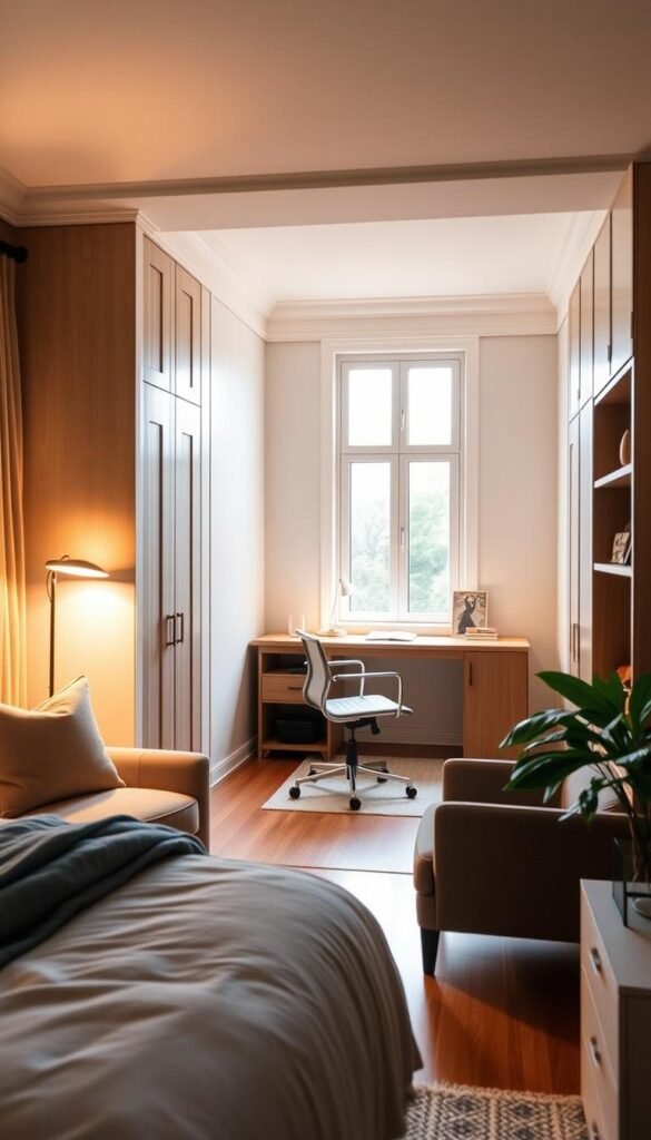 A cozy and inviting bedroom with distinct functional zones. In the foreground, a comfortable reading nook with a plush armchair and a small side table, bathed in warm, soft lighting from a floor lamp. In the middle ground, a study area with a minimalist wooden desk and a modern task chair. The background features built-in shelving units and a large window, allowing natural light to filter in and creating a sense of openness and tranquility. The overall atmosphere is one of relaxation and productivity, with neutral tones, natural textures, and a touch of greenery to create a harmonious and aesthetically pleasing space.