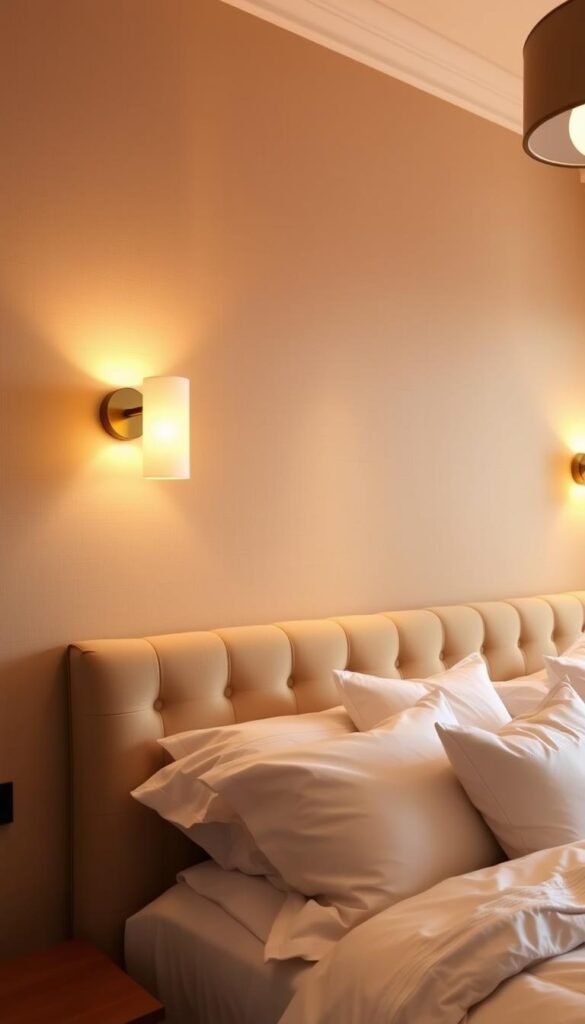 A cozy and inviting bedroom with layered lighting, featuring two wall sconces mounted on a warm beige textured wall. The sconces emit a soft, ambient glow, casting a gentle, romantic light across the space. The lighting is complemented by a central overhead light fixture, providing a harmonious balance. The room is furnished with a plush, tufted headboard and crisp white bedding, creating a serene and calming atmosphere. The overall scene evokes a sense of comfort and relaxation, perfectly illustrating how wall sconces can transform a bedroom's ambiance.