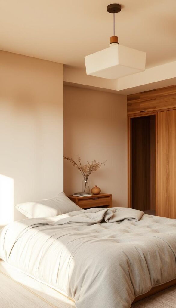 A cozy and inviting bedroom with warm neutral tones. The walls are painted in a soft, earthy beige, with hints of natural wood accents in the furniture and flooring. Plush, textured bedding in muted shades of gray and cream creates a comforting and grounded atmosphere. Soft, diffused lighting from a statement pendant fixture casts a gentle glow, complemented by the warm undertones of the wood. The overall effect is a serene and harmonious space that exudes a sense of relaxation and comfort.