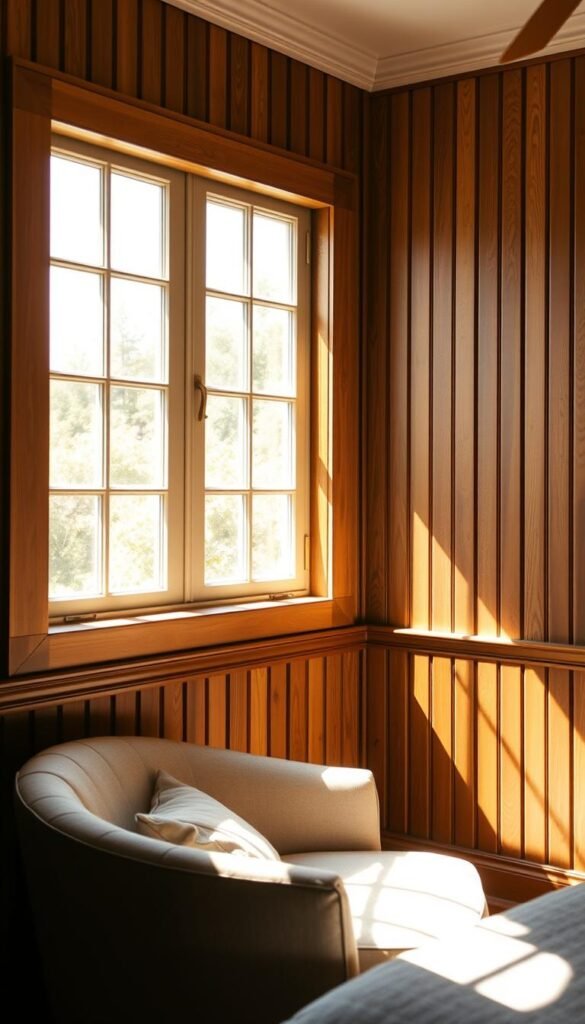 A cozy and inviting board-and-batten wall, bathed in warm, natural light streaming through a large window. The wooden panels, arranged in a classic vertical pattern, exude a sense of timeless elegance and refined sophistication. Subtle shadows play across the textured surface, adding depth and dimension. A plush, neutral-toned armchair nestles in the corner, inviting relaxation and contemplation. The overall atmosphere is one of refined comfort and understated luxury, perfect for a serene and tranquil bedroom setting.