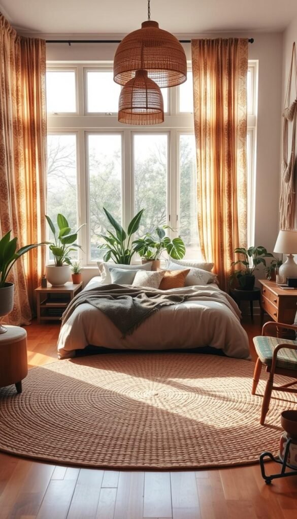 A cozy and inviting boho chic bedroom with natural light flooding through large windows. Intricately patterned curtains in earthy tones frame the view, complementing the textured woven area rug on the hardwood floor. The bed is adorned with plush bedding in muted hues and scattered with bohemian-inspired throw pillows. A rattan pendant light casts a warm glow, while a mix of potted plants and macrame wall hangings add layers of organic texture. Antique wooden side tables and a vintage armchair complete the eclectic, global-inspired aesthetic. The overall ambiance is relaxed, inviting, and infused with a touch of worldly charm.