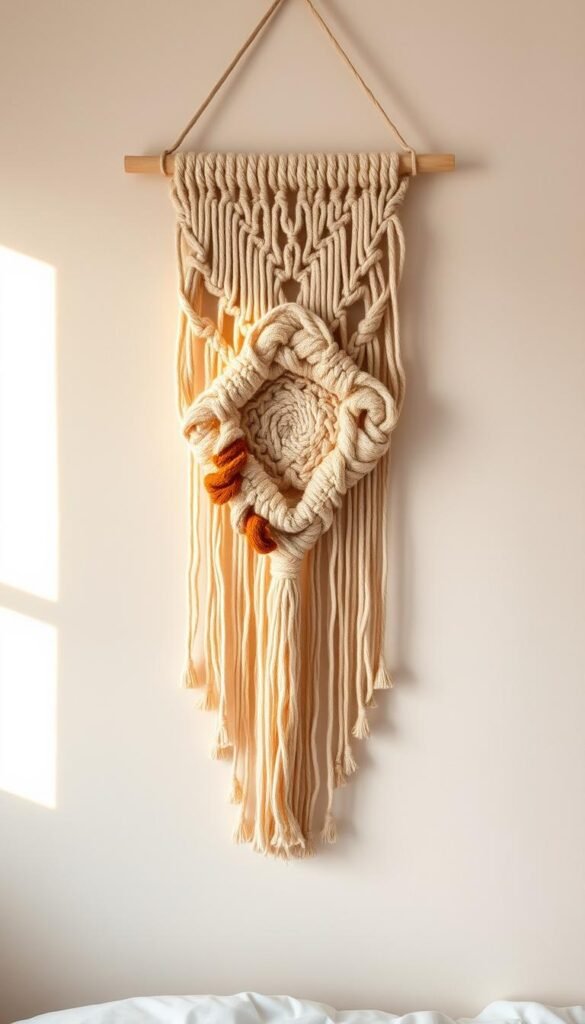 A cozy and inviting macrame wall hanging, with a bohemian, earthy aesthetic. Soft, natural fibers in muted tones of beige, tan, and cream, intricately woven into an abstract, organic pattern that draws the eye. The hanging is backlit by warm, diffused lighting, casting gentle shadows and creating a serene, relaxing atmosphere. In the background, a neutral-colored wall provides a simple, uncluttered backdrop, allowing the textural beauty of the macrame to take center stage. The overall composition exudes a sense of handcrafted, personalized charm, perfectly complementing a small, minimalist bedroom space.