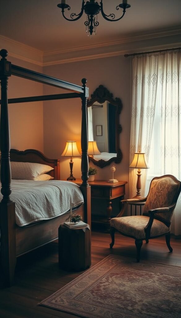 A cozy and inviting vintage bedroom with warm, muted tones. A four-poster bed with a plush, tufted headboard and delicate lace bedding. Weathered wood nightstands with antique table lamps casting a soft, ambient glow. A rustic armchair with a faded floral upholstery sits beside a small writing desk. On the wall, a large antique mirror reflects the scene, adding depth and character. Soft, diffused lighting filters through lace curtains, creating a nostalgic and tranquil atmosphere. Wooden floorboards and a worn area rug complete the timeless, lived-in feel of this charming, vintage-inspired bedroom.