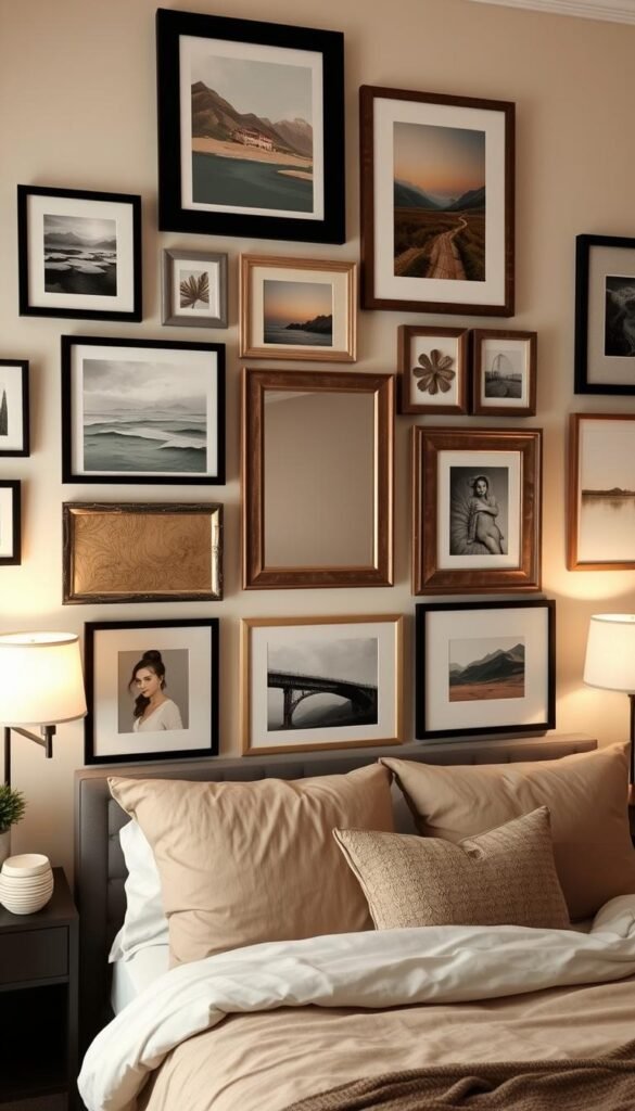 A cozy and inviting wall art display featuring a mix of framed paintings, photographs, and decorative elements. The artwork is tastefully arranged in a harmonious gallery-style layout, with a balanced mix of abstract, landscape, and portraiture pieces. The frames are a combination of sleek black, rustic wood, and gilded finishes that complement the warm, neutral color palette of the room. Soft, diffused lighting from sconces and floor lamps casts a gentle glow, creating a serene and intimate atmosphere. The overall composition effortlessly blends personal touches and artistic expression, perfectly embodying the "Cozy Bedroom Aesthetic" theme. A cozy and inviting wall art display featuring a mix of framed paintings, photographs, and decorative elements. The artwork is tastefully arranged in a harmonious gallery-style layout, with a balanced mix of abstract, landscape, and portraiture pieces. The frames are a combination of sleek black, rustic wood, and gilded finishes that complement the warm, neutral color palette of the room. Soft, diffused lighting from sconces and floor lamps casts a gentle glow, creating a serene and intimate atmosphere. The overall composition effortlessly blends personal touches and artistic expression, perfectly embodying the "Cozy Bedroom Aesthetic" theme.