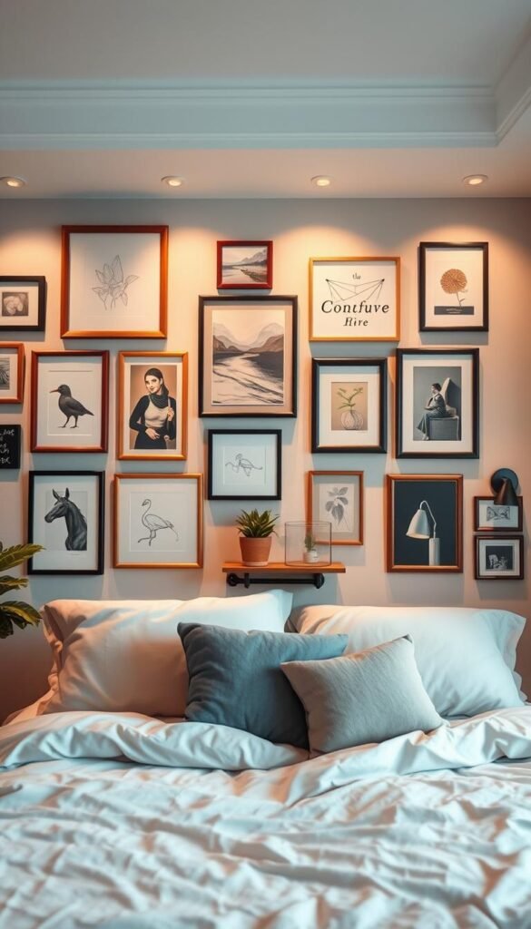 A cozy and inviting wall art gallery display in a serene bedroom. The foreground showcases an assortment of framed paintings, sketches, and photographs in various sizes and styles, artfully arranged to create a cohesive visual narrative. The middle ground features a mix of natural and industrial-inspired decorative elements, such as potted plants, a small floating shelf, and minimalist metal wall sconces, adding depth and texture to the scene. The background is a soft, neutral-toned accent wall, illuminated by warm, diffused lighting that casts a tranquil and ethereal atmosphere, perfectly complementing the relaxing ambiance of the bedroom.