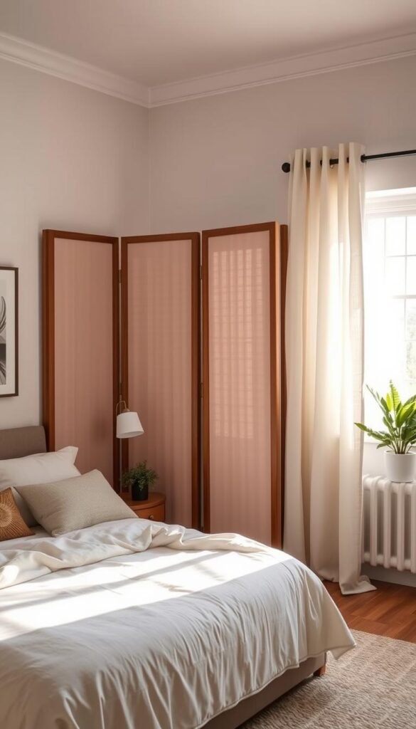 A cozy and minimalist bedroom with a stylish yet budget-friendly room divider. The divider is a freestanding, modular wood and fabric screen that seamlessly blends into the space. Soft natural lighting filters through the sheer curtain panels, creating a warm and inviting atmosphere. The divider is positioned to create a separate, private sleeping area without overwhelming the room. Neutral tones and natural textures throughout, with touches of greenery to add life. The overall aesthetic is clean, modern, and effortlessly functional.
