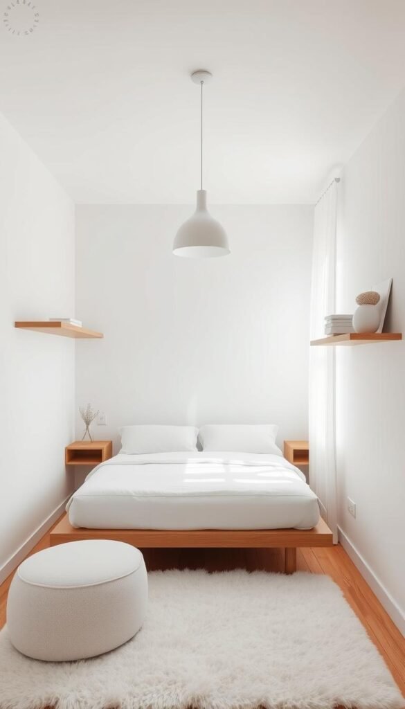 A cozy and minimalist small bedroom with crisp white walls, a modern platform bed with clean lines, and strategically placed floating shelves and wall-mounted nightstands to maximize the limited floor space. Soft, diffused lighting from a sleek pendant fixture creates a serene, airy ambiance. Warm wood tones in the nightstands and bed frame provide a natural contrast, while a plush white area rug and sheer curtains complete the tranquil, Scandinavian-inspired aesthetic. The overall composition emphasizes spatial efficiency and visual harmony, showcasing how thoughtful white-toned design can transform a compact bedroom into a peaceful, light-filled retreat. A cozy and minimalist small bedroom with crisp white walls, a modern platform bed with clean lines, and strategically placed floating shelves and wall-mounted nightstands to maximize the limited floor space. Soft, diffused lighting from a sleek pendant fixture creates a serene, airy ambiance. Warm wood tones in the nightstands and bed frame provide a natural contrast, while a plush white area rug and sheer curtains complete the tranquil, Scandinavian-inspired aesthetic. The overall composition emphasizes spatial efficiency and visual harmony, showcasing how thoughtful white-toned design can transform a compact bedroom into a peaceful, light-filled retreat.